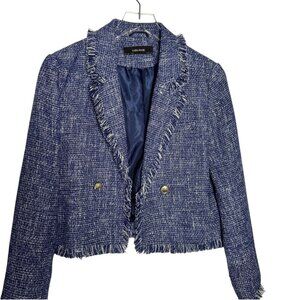 Zara Basic Womens Blue Tweed Frayed Hem Cropped Blazer Jacket Size Large
